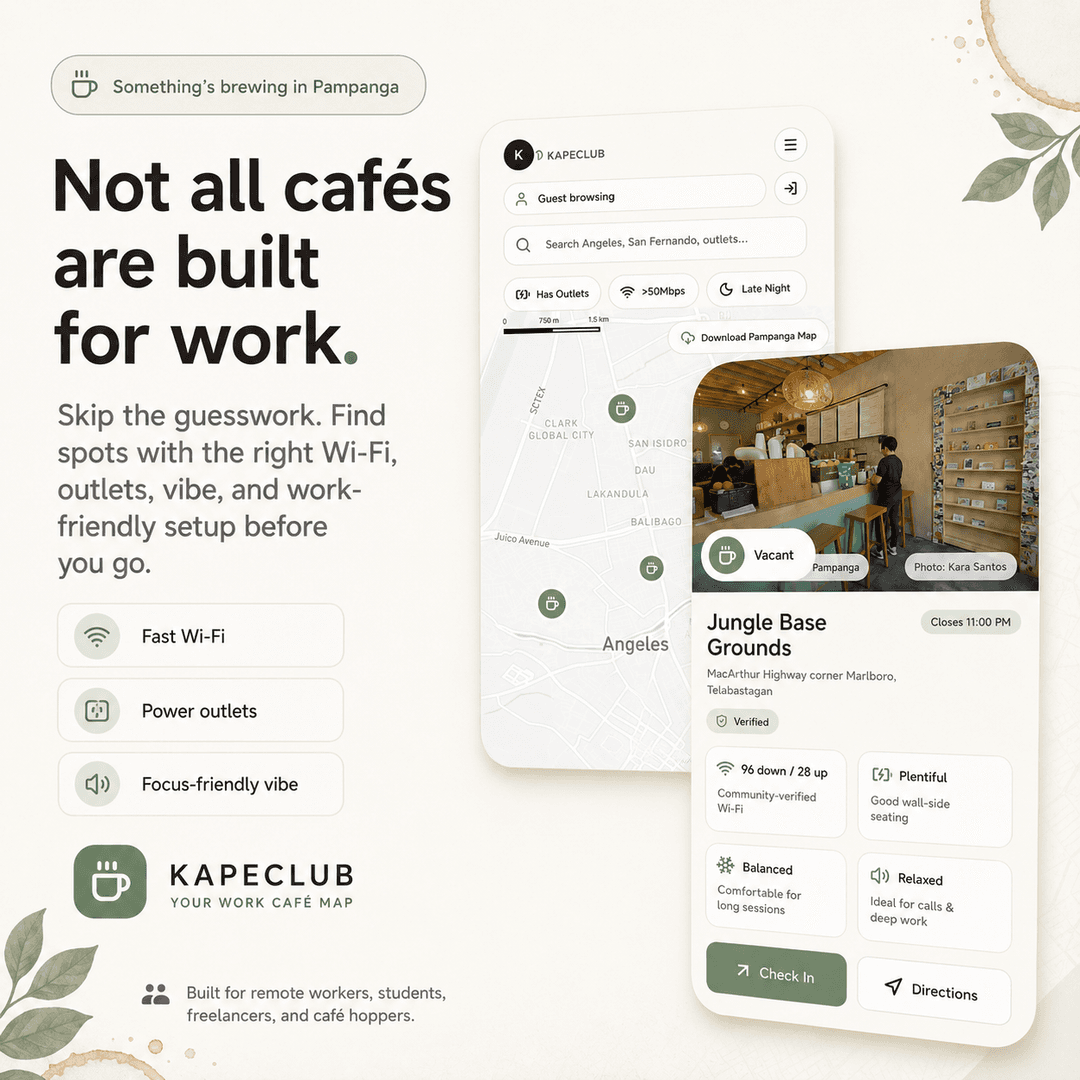 KapeClub showing work-ready cafe filters, WiFi speed, and outlet availability